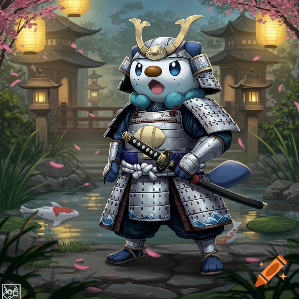 Oshawott in detailed samurai armor stands in a Japanese garden with cherry blossoms, paper lanterns, and a koi pond.