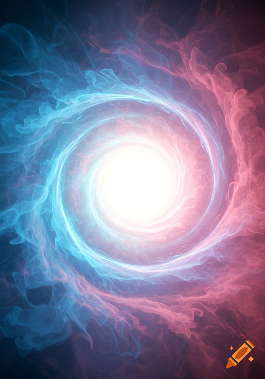 Vibrant abstract vortex portal with swirling blue and pink smoke surrounding a bright white light.
