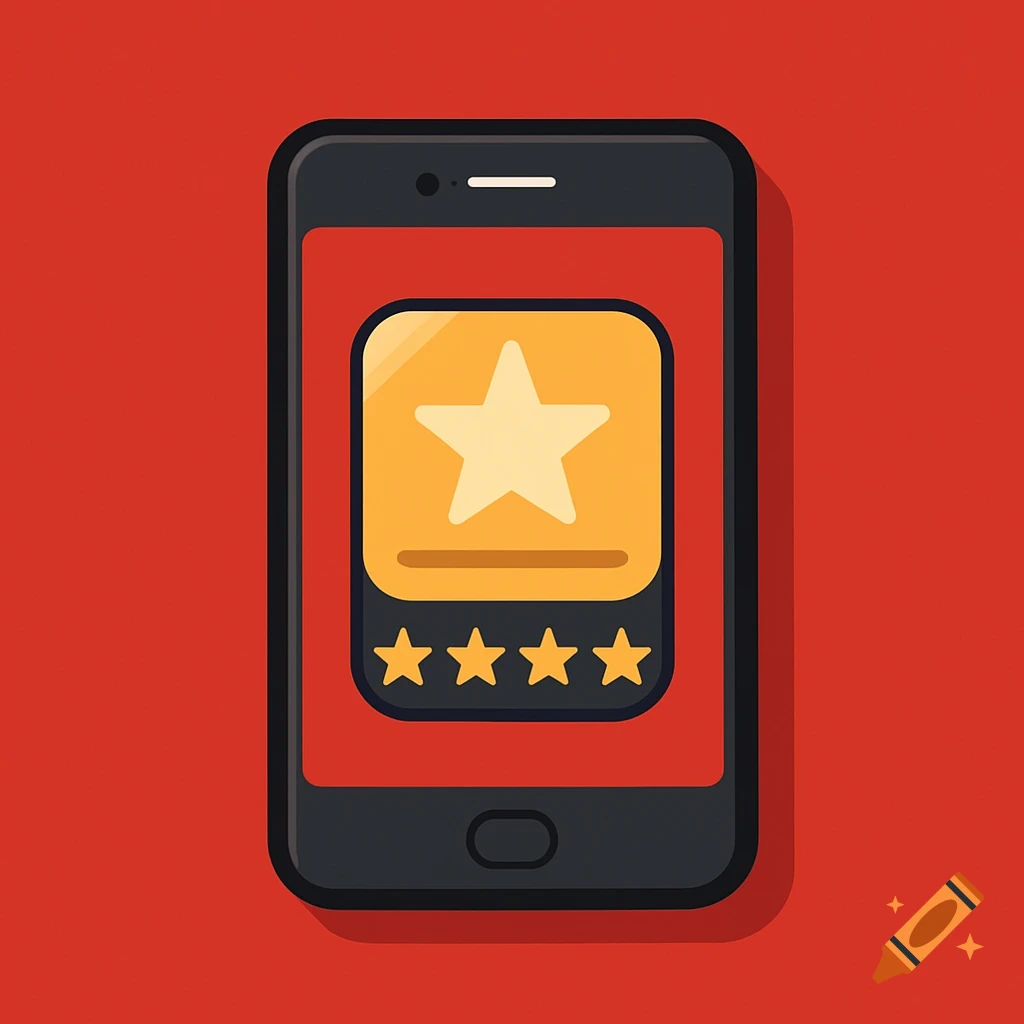 Minimalist flat art logo of a black smartphone showing an app with a large gold star and five smaller rating stars on a red background.