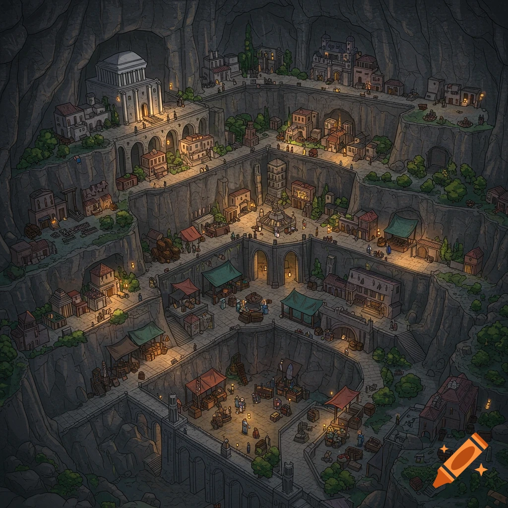 Isometric view of a multi-level fantasy city carved into a dark mining quarry, with illuminated buildings and market stalls.