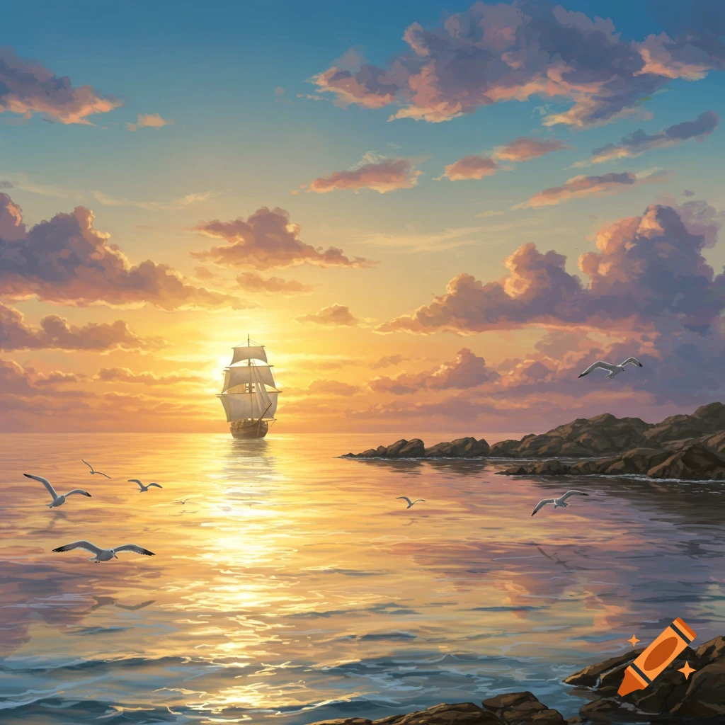 Painterly scene of a tall ship on a calm sea at sunset, with golden light, seagulls, and rocky shores.