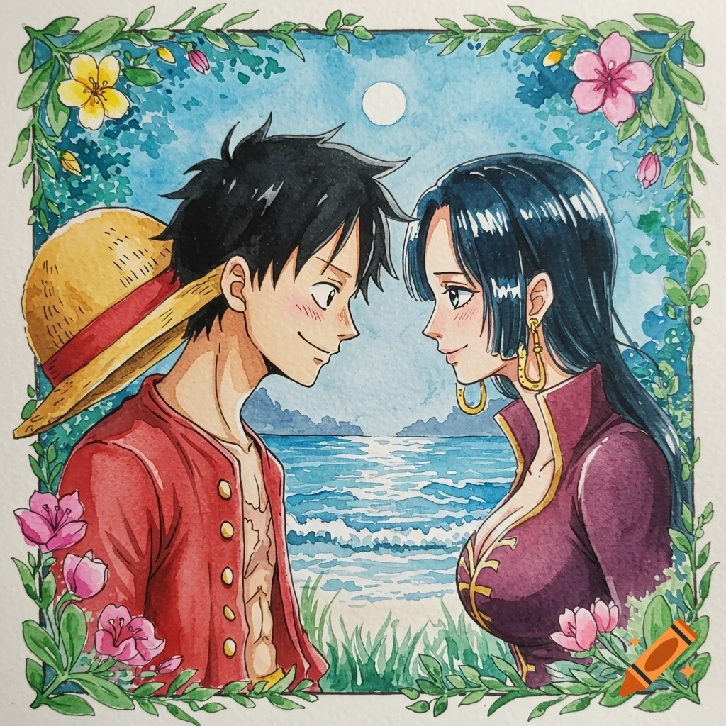 Watercolor painting of anime characters Luffy and Hancock gazing amorously at each other on a beach, framed by flowers and leaves.