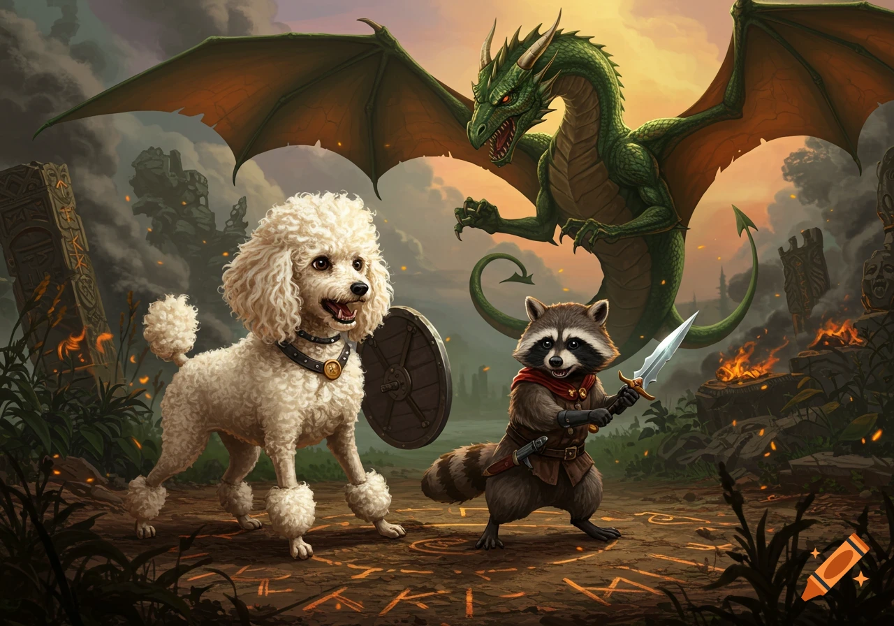 An adventurous poodle and raccoon, equipped with shield and sword, face a green dragon in a ruined, fiery fantasy landscape.