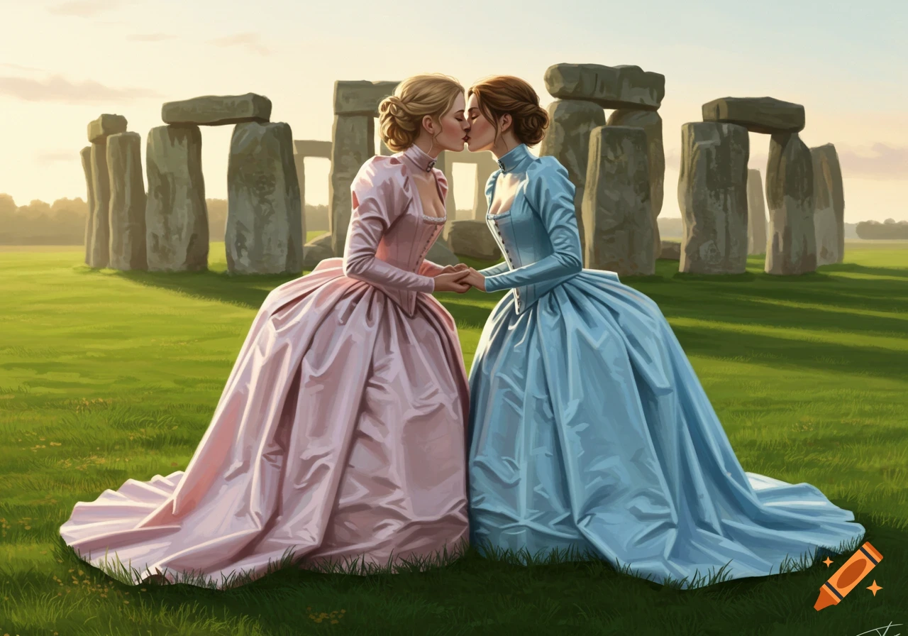 Two women in pink and blue 18th-century gowns share a romantic kiss at Stonehenge, rendered in digital art style.