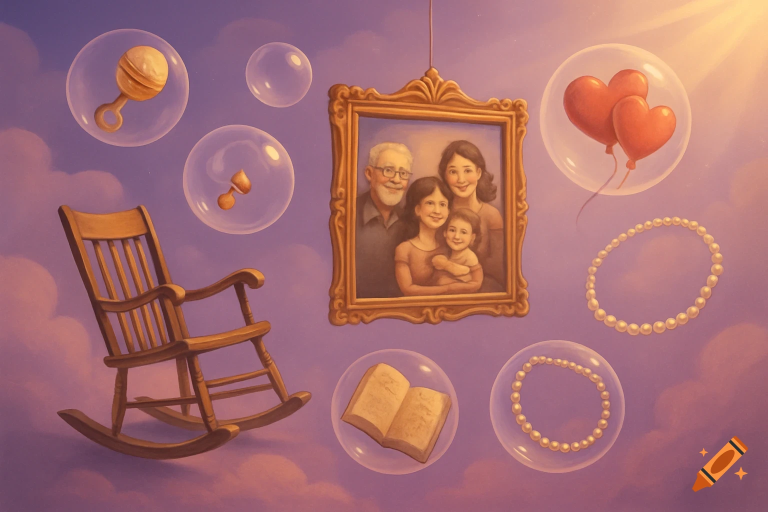 Whimsical illustration with family portrait, rocking chair, baby rattles, balloons, and a book floating in bubbles against a purple, cloudy sky.