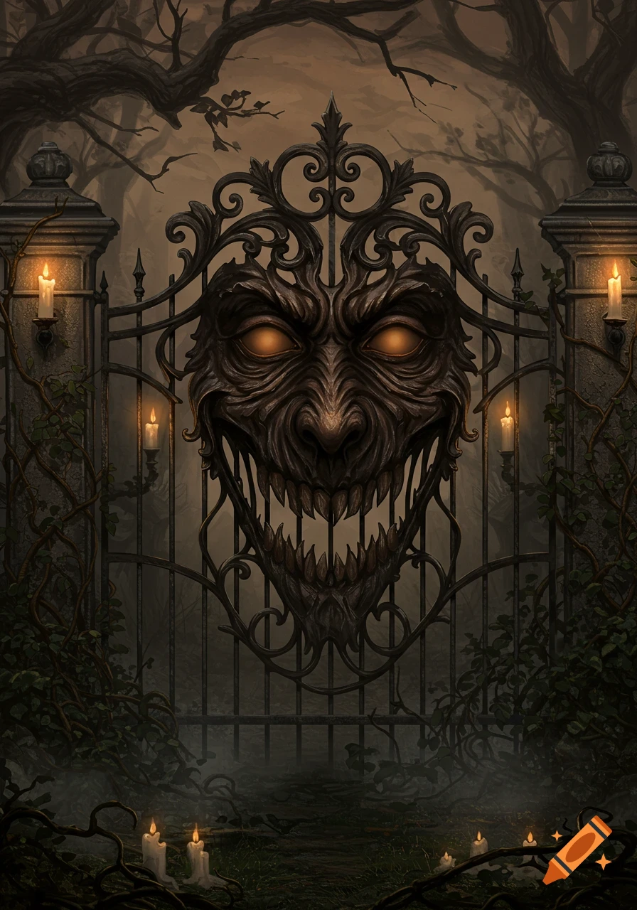 A spooky metal gate with a demonic face, glowing eyes, and sharp teeth, surrounded by a dark, foggy forest and lit candles.