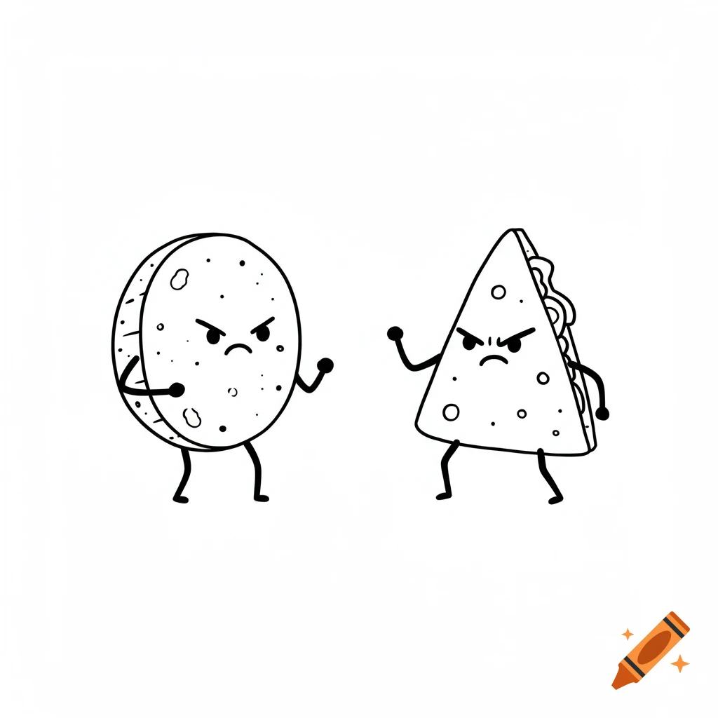 Black and white cartoon of an angry round potato chip and an angry triangular tortilla chip about to fight.