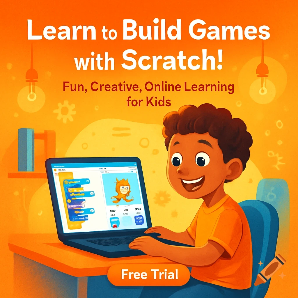 Vibrant illustration of a cheerful child at a desk, looking at a laptop displaying a Scratch programming interface. Banner text reads "Learn to Build Games with Scratch!" and "Free Trial".