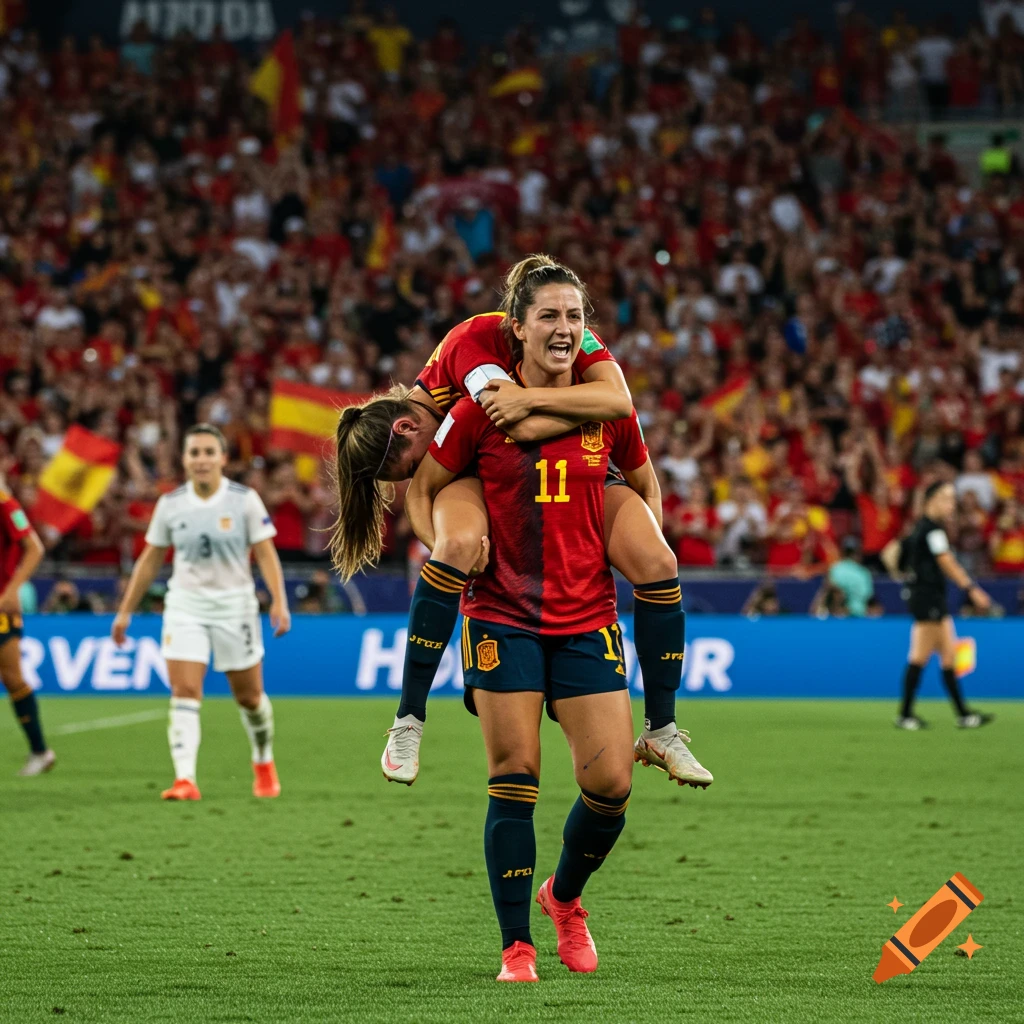 Two female Spanish soccer players in red and blue uniforms celebrate on the field, one carrying the other on her shoulders, in a photorealistic style.
