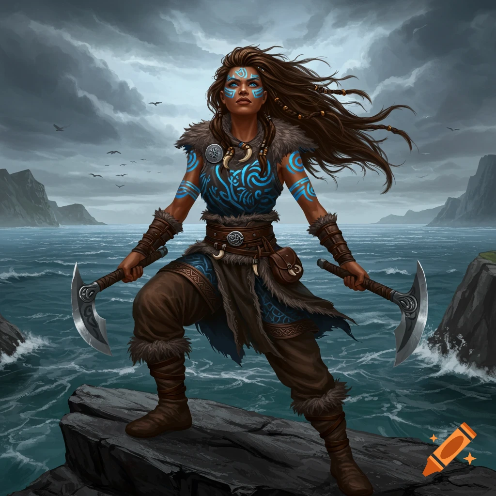 Brown-skinned Viking warrior woman with blue tattoos and long hair stands on a cliff with two axes, stormy sea in the background.