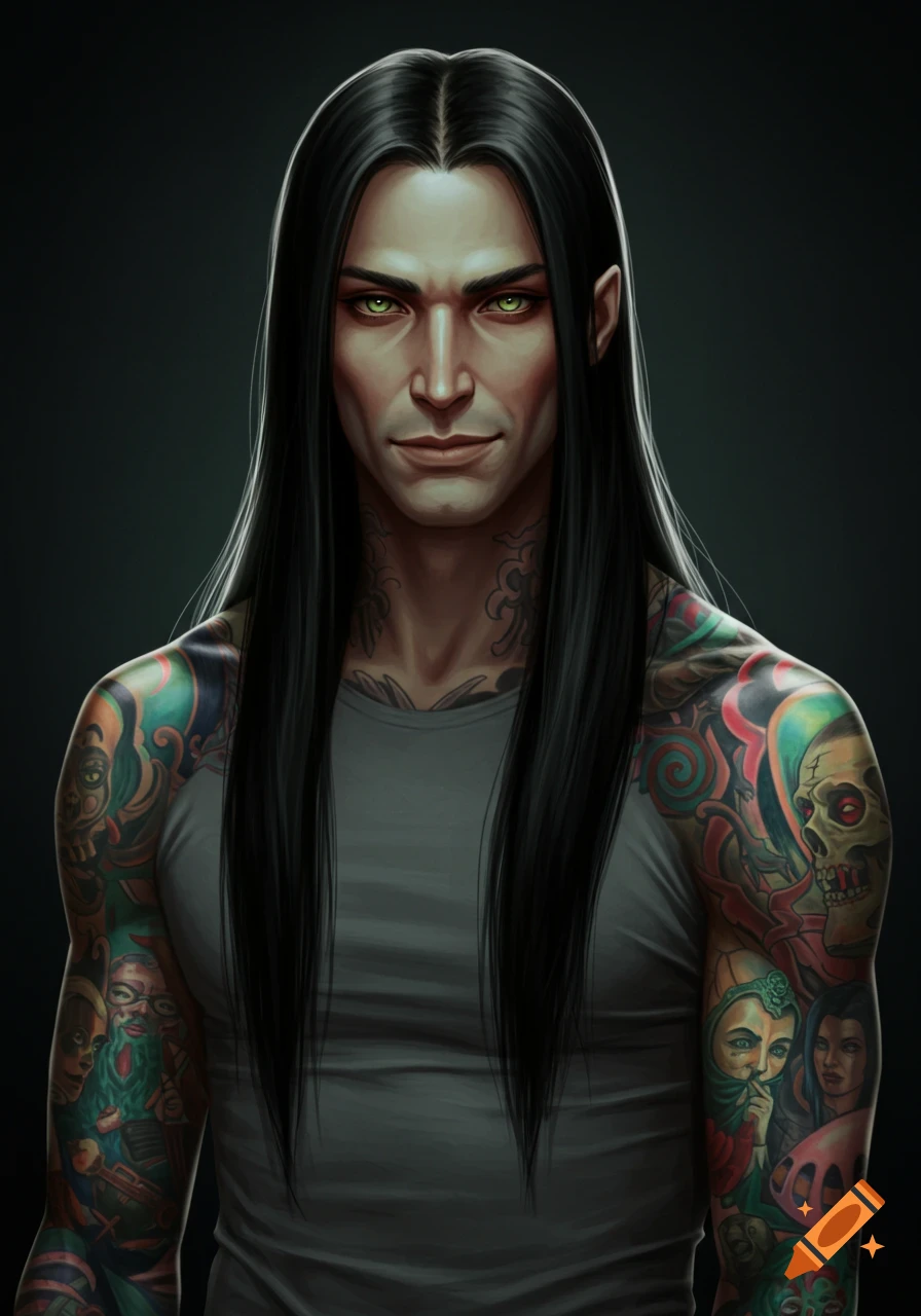 Semi-realistic digital illustration of a pale man with long black hair, green eyes, and full sleeve tattoos featuring skulls and other gothic designs, set against a dark background.