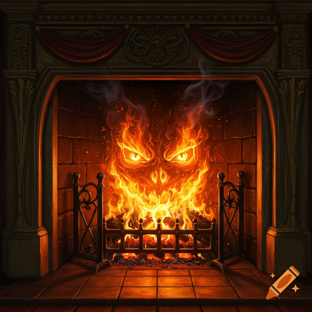 A menacing, demonic face made of bright orange and red flames inside a grand, dark stone fireplace, with a glowing fire grate.
