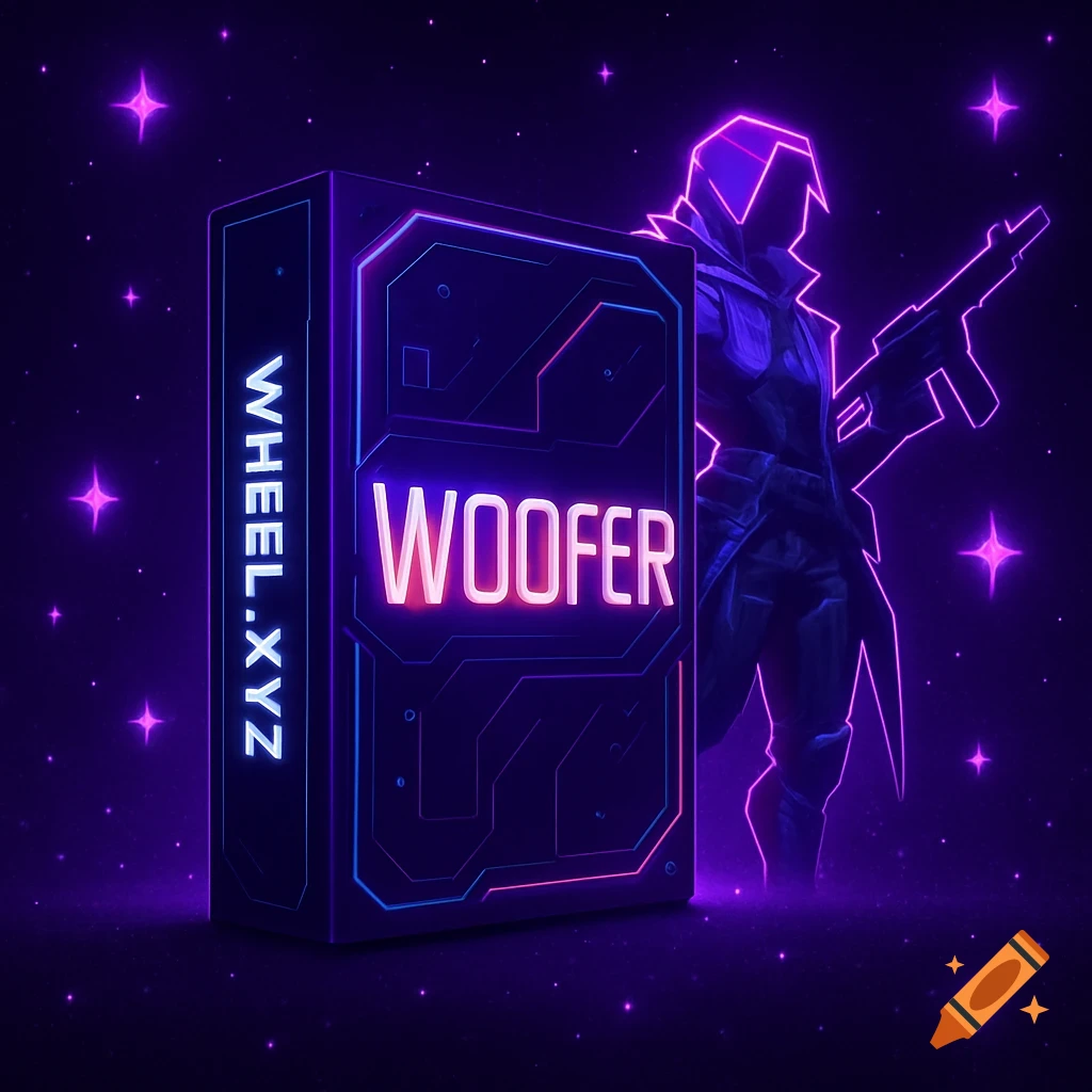 A futuristic cyberpunk product box with neon text 'Woofer' and 'WHEEL.XYZ' on a purple galaxy background, with a neon agent.
