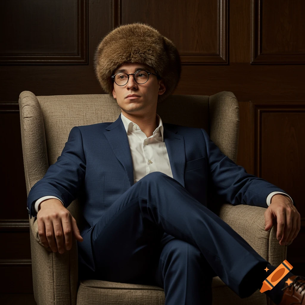 A man in a navy suit, white shirt, round spectacles, and a large fur hat sits in an armchair.