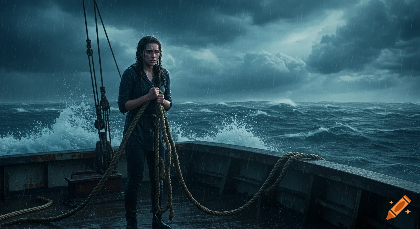 A distraught girl clings to a rope on a ship during a severe storm at sea, with dark clouds and crashing waves. Photorealistic and cinematic.