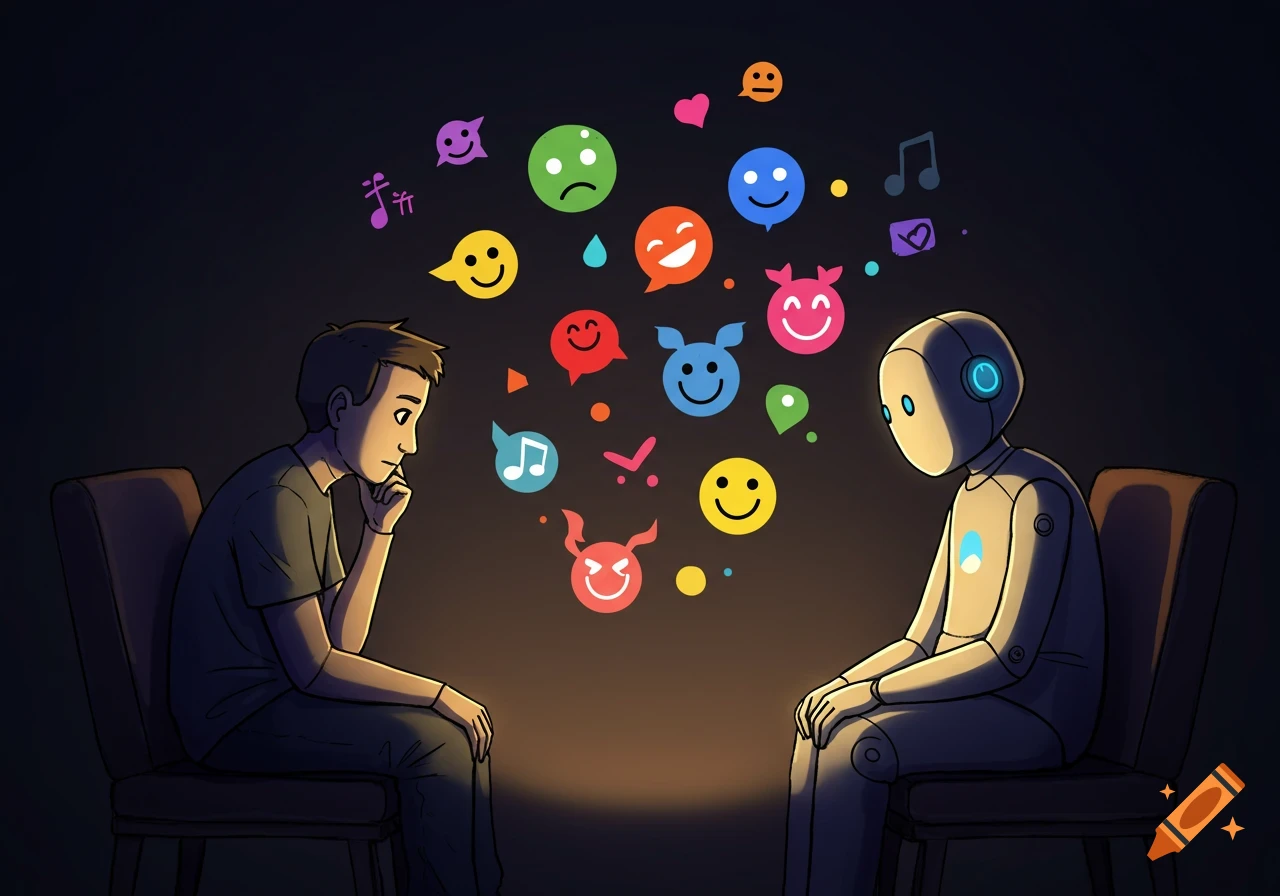 Comic-art illustration of a man and a robot sitting across from each other, surrounded by floating colorful emotion symbols.