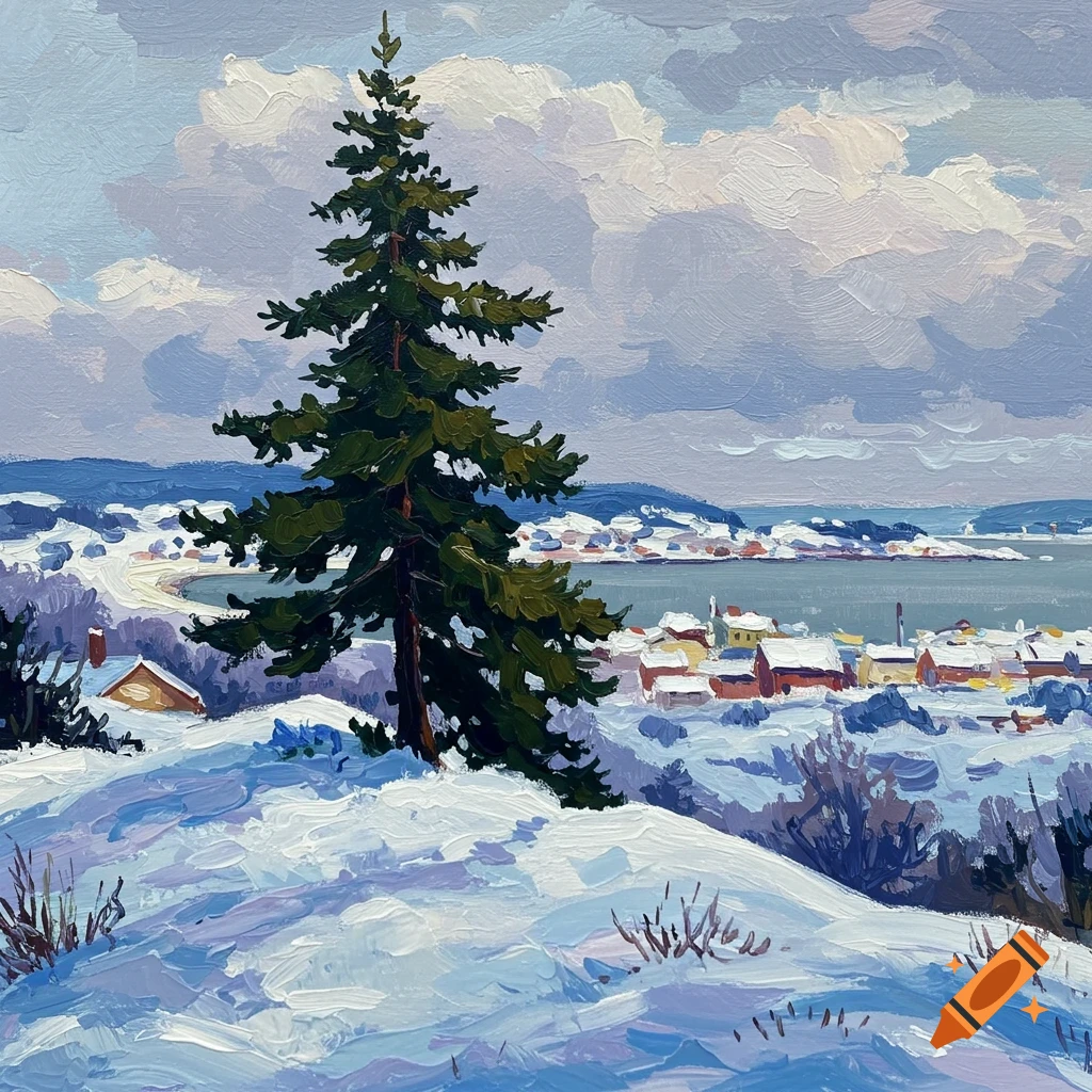 An expressionist winter landscape painting featuring a tall pine tree on a snowy hill overlooking a coastal town and water.