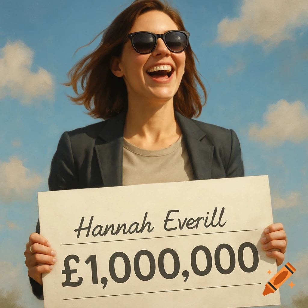 A smiling woman wearing sunglasses holds a sign with "Hannah Everill A smiling woman wearing sunglasses holds a sign with "Hannah Everill £1,000,000" under a blue sky with clouds.
