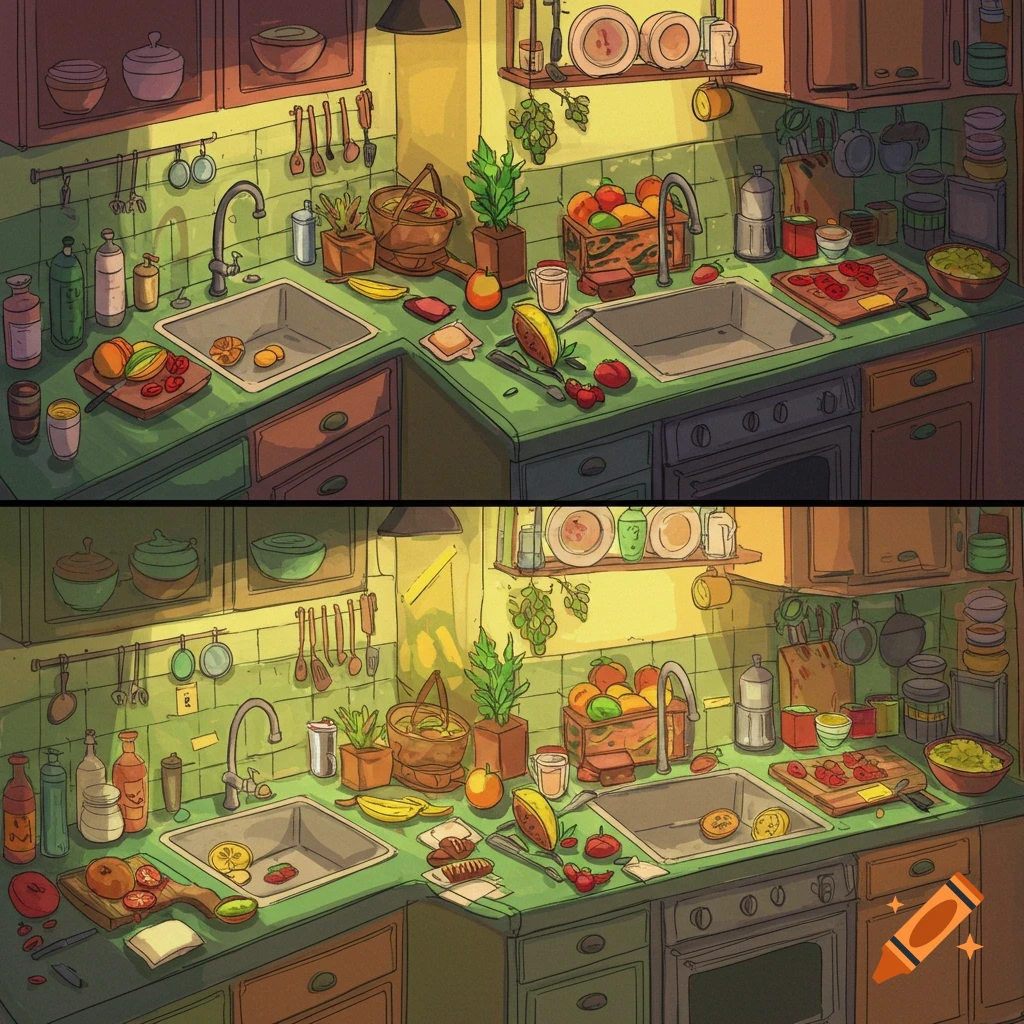 A colorful digital drawing of a kitchen counter with sinks, fruits, and utensils, repeated side-by-side with subtle differences.
