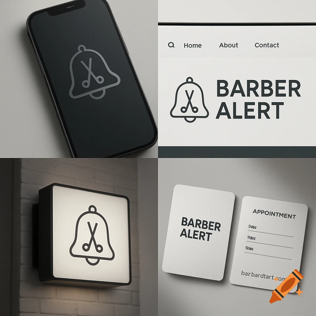A quad panel showing a photorealistic modern branding mockup for "Barber Alert" with a bell and scissors icon. Includes a smartphone screen, website header, backlit sign, business card, and appointment card.