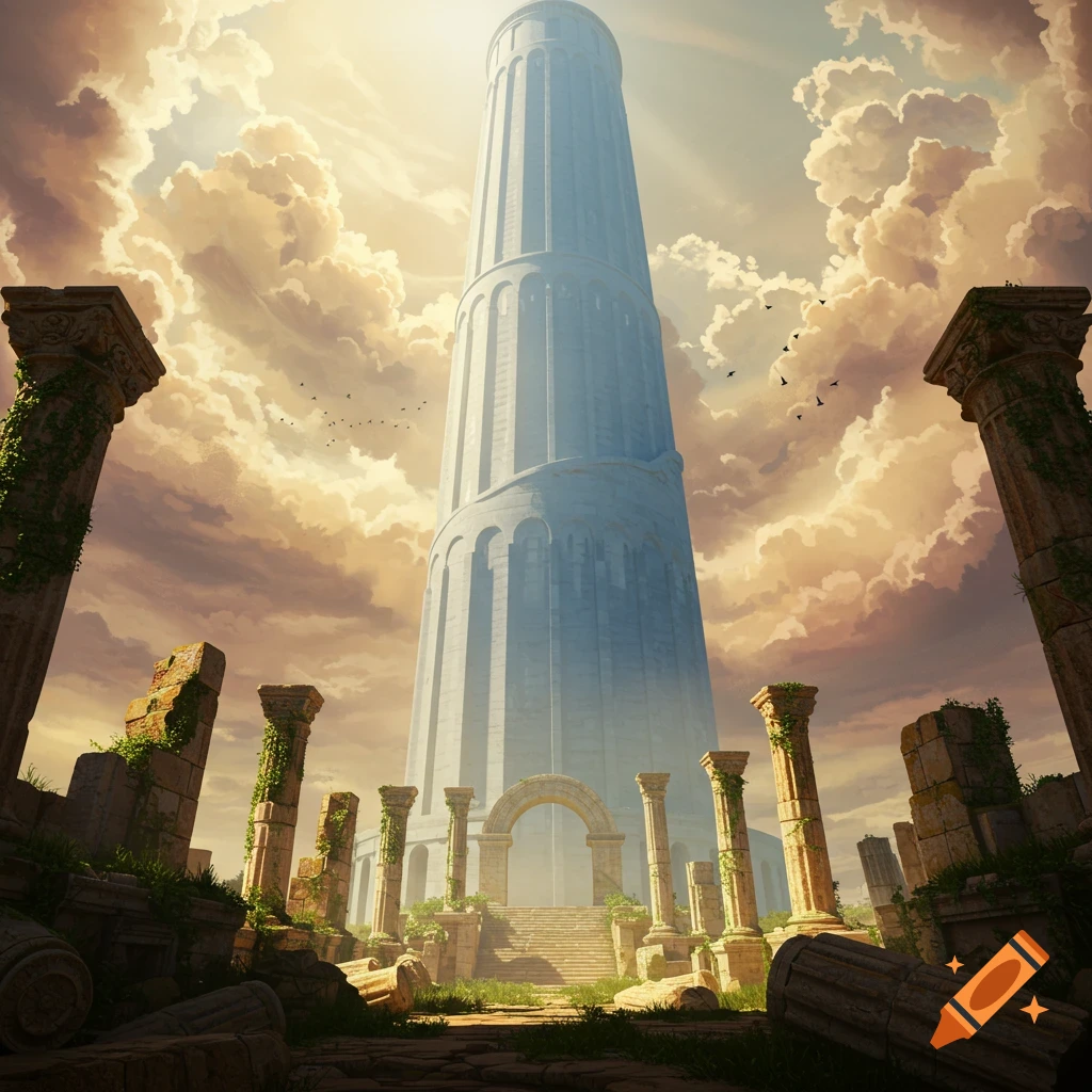A majestic, tall white cylindrical tower rises into a dramatic, cloudy sky, surrounded by ancient stone ruins and pillars overgrown with vines.