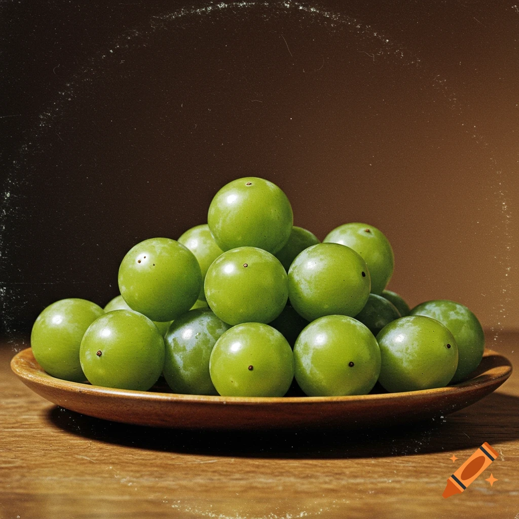 A pile of vibrant green grapes sits on a wooden plate, on a wooden table, against a brown background, in a vintage album cover style.
