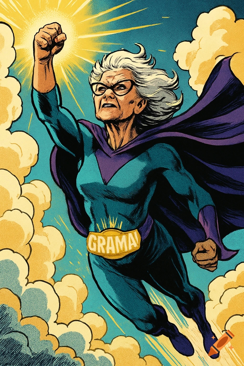 A flying superhero grandmother in a teal and purple costume with 'GRAMA' on her belt, depicted in a classic comic book style against a sunny sky.