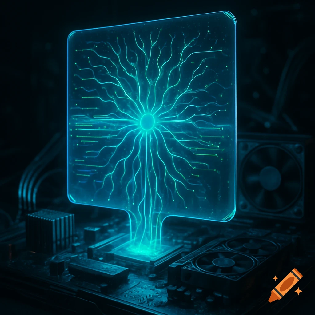 A glowing blue-green neural network structure on a computer circuit board, surrounded by hardware components.
