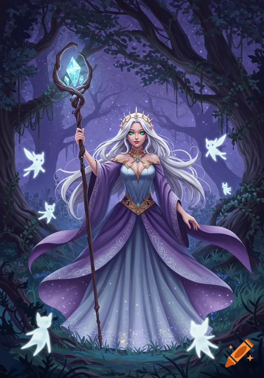 Fantasy anime princess with long white hair in a purple dress, holding a magical staff in an enchanted forest with glowing fairies.