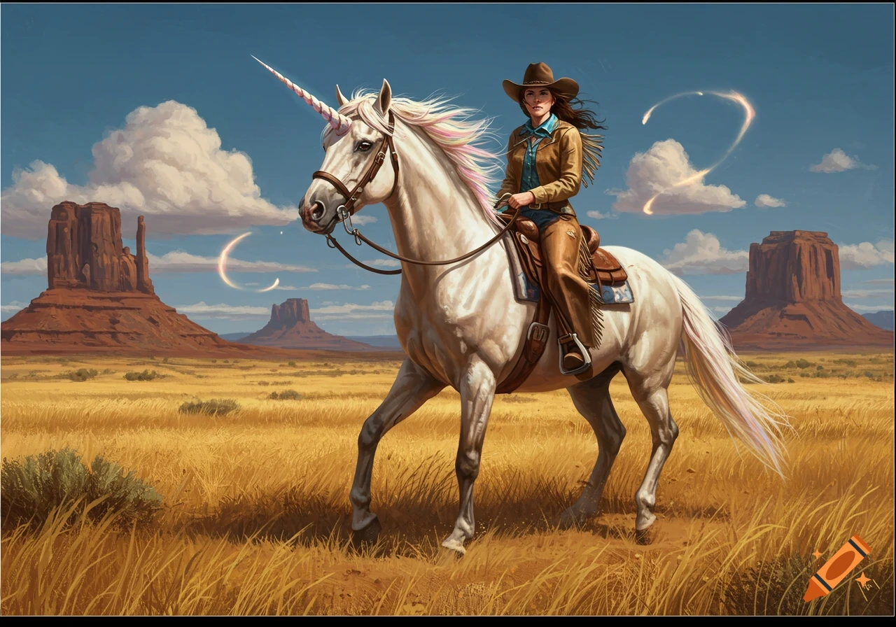 A cowgirl in a brown hat rides a white unicorn through a golden desert landscape with mesas under a blue sky.