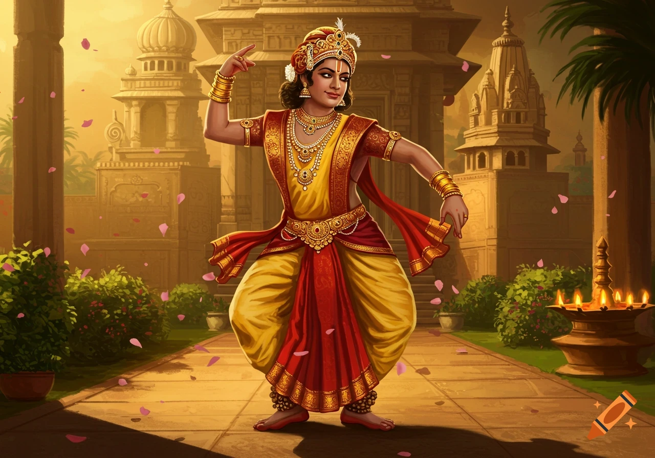 A person in traditional yellow and red Indian classical dance attire, adorned with jewelry, poses in a temple courtyard with rose petals on the ground and lit lamps.