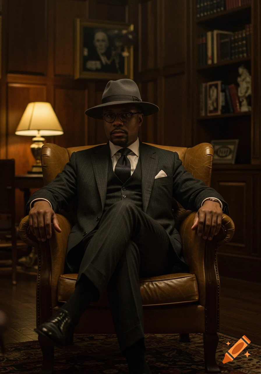 A man in a pinstripe suit, fedora, and round glasses sits in a leather armchair in a wood-paneled study.