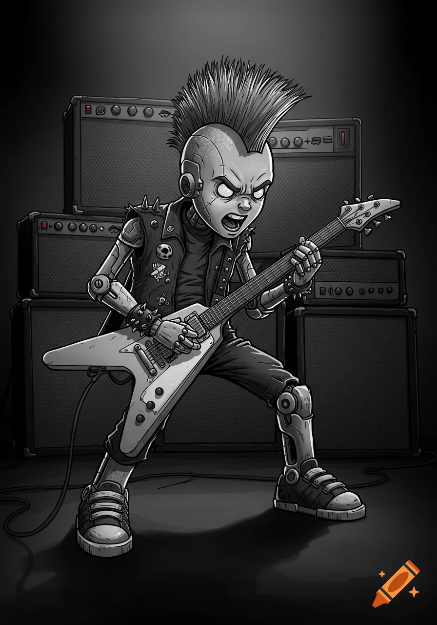 Black and white illustration of a punk rock robot boy with a mohawk playing a flying V guitar in front of amplifiers.