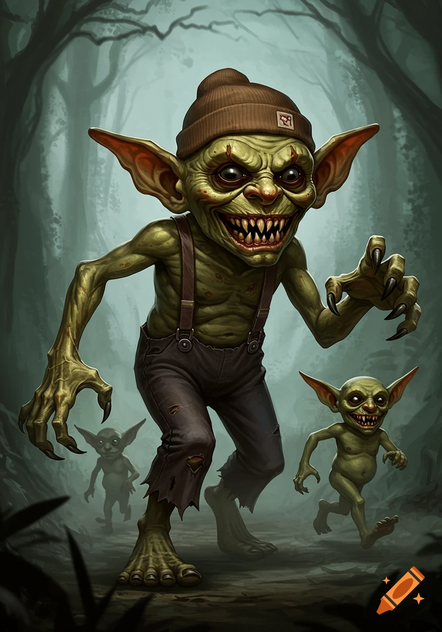 A grinning, green-skinned goblin in a beanie and torn suspenders chases two smaller goblins through a misty, dark forest.