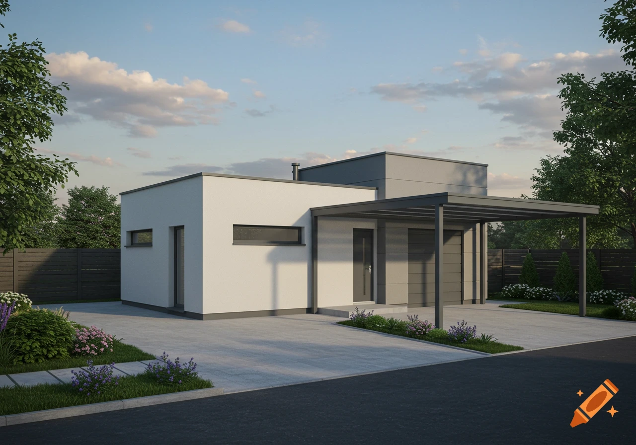 Photorealistic render of a modern white house with a flat roof, gray carport, minimalist landscaping, and a blue sky.