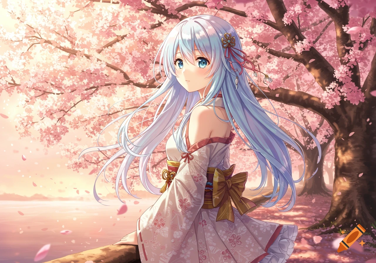 An anime girl with light blue hair in a patterned kimono stands under blooming pink cherry blossom trees near water.