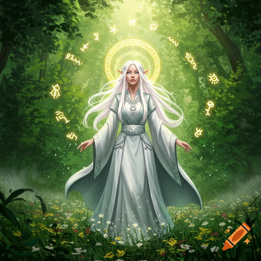 A white-haired elf witch in a white gown stands in a sunlit forest, surrounded by glowing magical symbols and a halo.