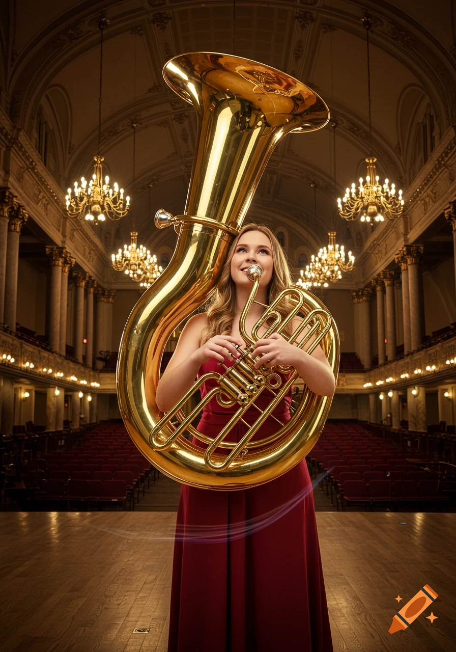 A young woman in a red dress plays a large golden tuba on a stage in a grand concert hall with chandeliers, photorealistic.