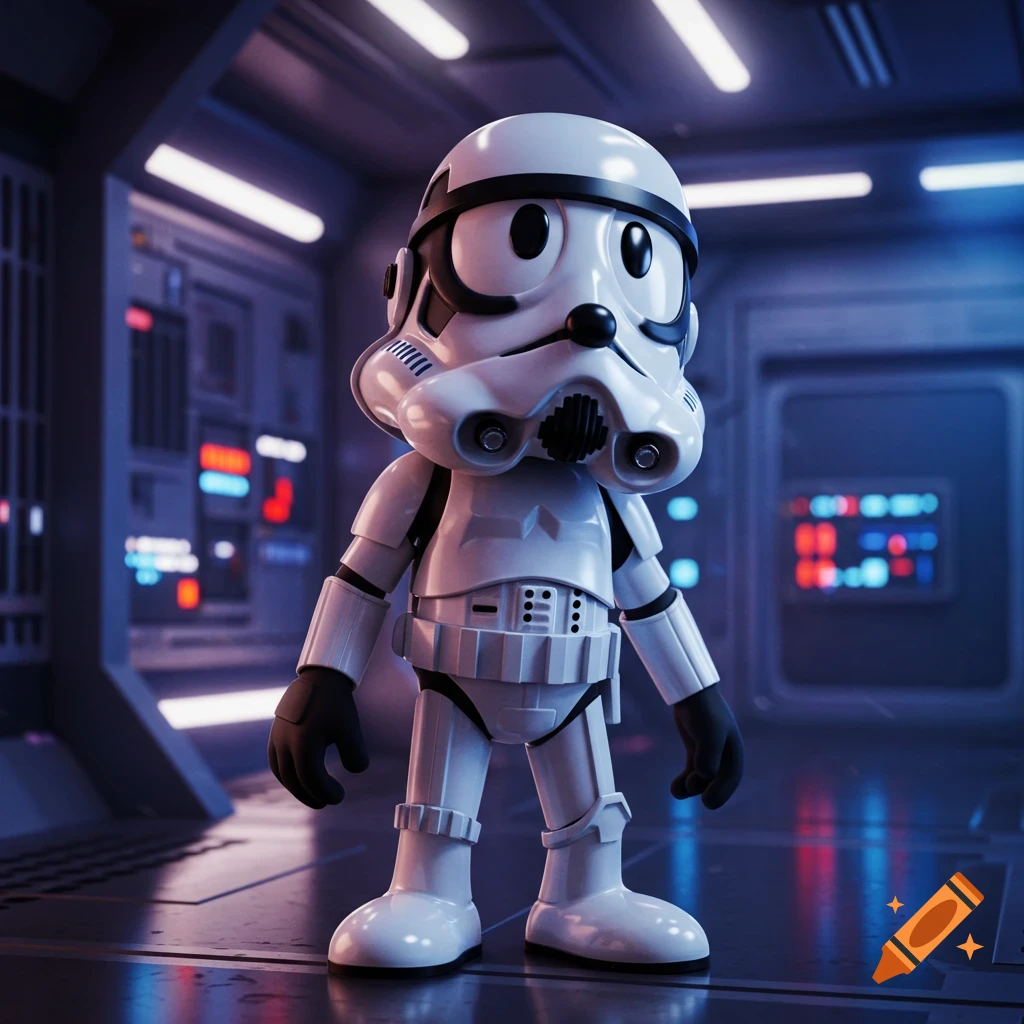 A cartoon-style Felix the Cat as a Stormtrooper stands in a futuristic spaceship corridor.