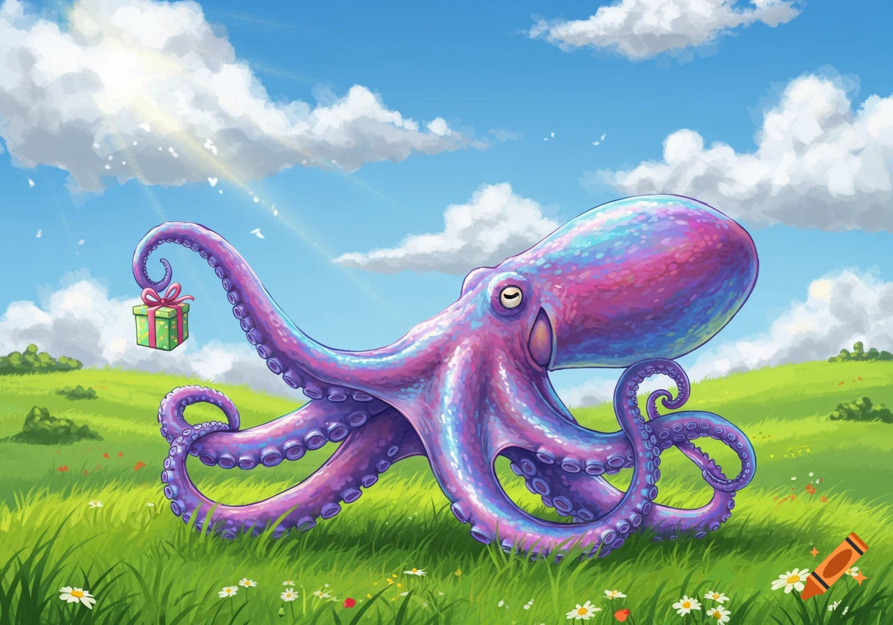 A vibrant, iridescent purple and blue cartoon octopus stands in a green field under a blue sky, holding a wrapped gift.
