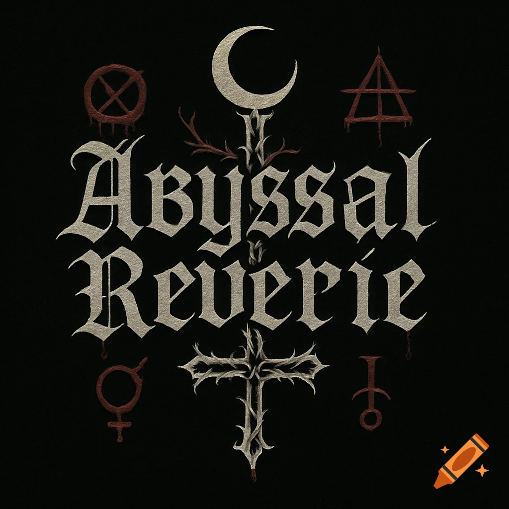 Gothic style logo for 'Abyssal Reverie' with light grey text, a crescent moon, thorny cross, and red occult symbols on a black background.