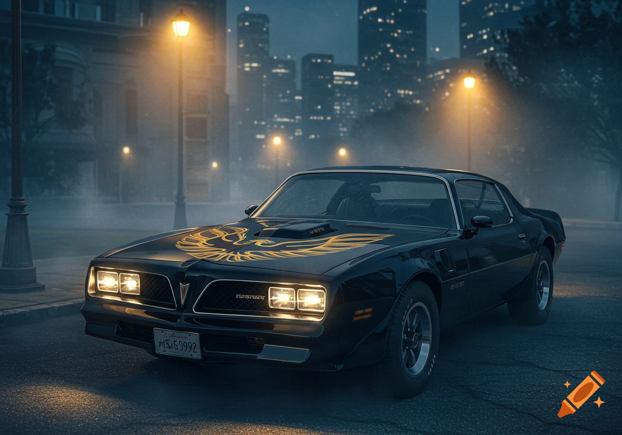 A black 1977 Pontiac Firebird Trans Am with a golden imperial eagle on the hood, parked at night under streetlights in a city.