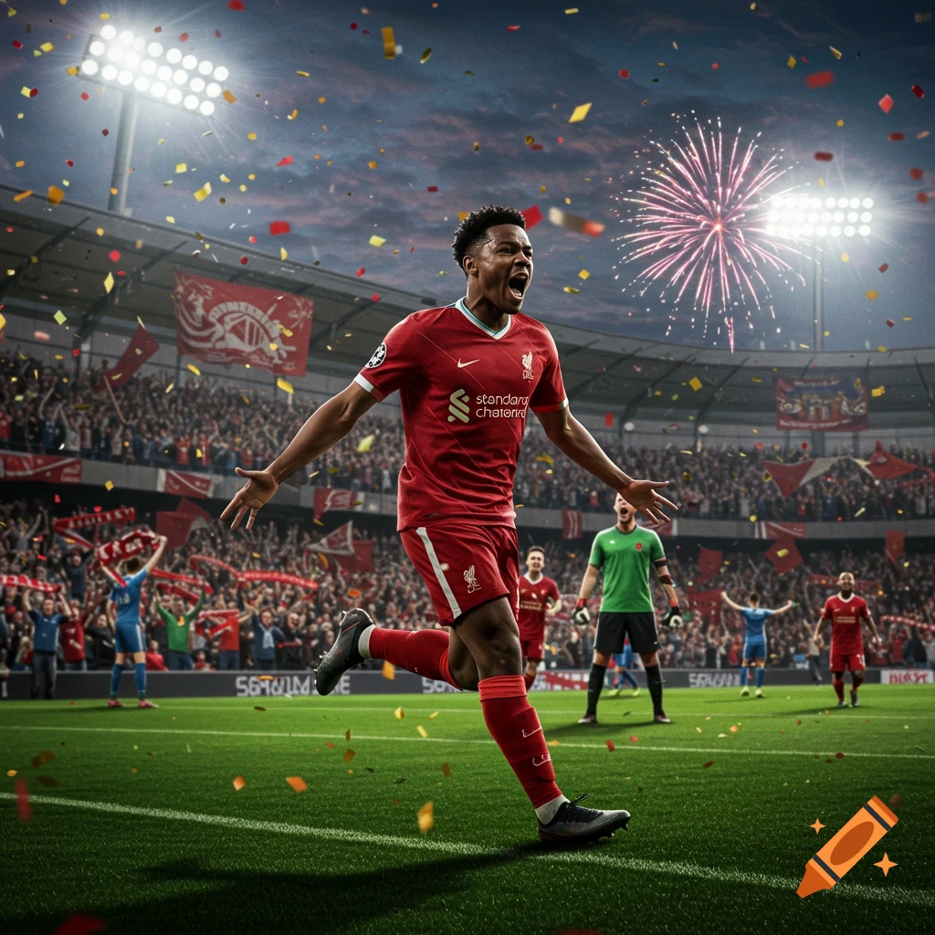 Photorealistic image of a football player in a red jersey celebrating a goal, running across a stadium pitch with confetti and fireworks.