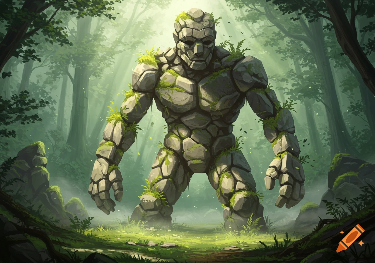 A giant, moss-covered stone golem stands in a mystical, sun-dappled forest, digital painting.