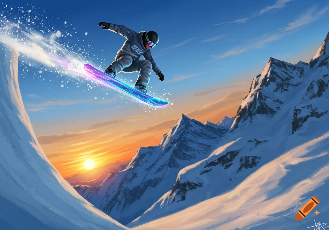 A snowboarder in a gray suit and helmet is captured mid-air against a vibrant sunset over snowy mountains, leaving a trail of snow and colorful light.
