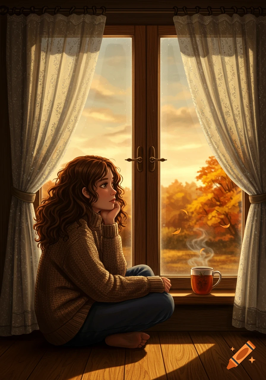A brown-haired girl in a sweater sits by a sunlit window, gazing at autumn trees outside. A steaming mug rests on the sill in this cozy digital illustration.