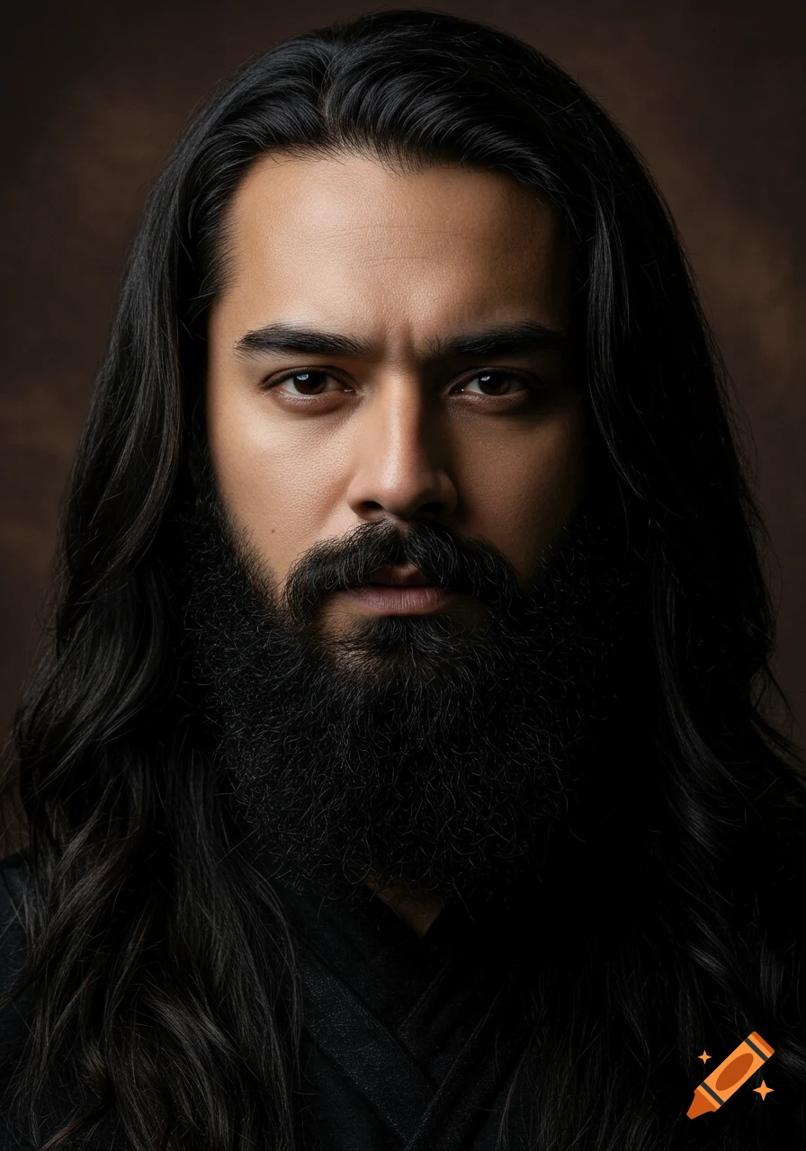 Photorealistic portrait of a man with long dark hair and a full beard looking directly at the viewer.