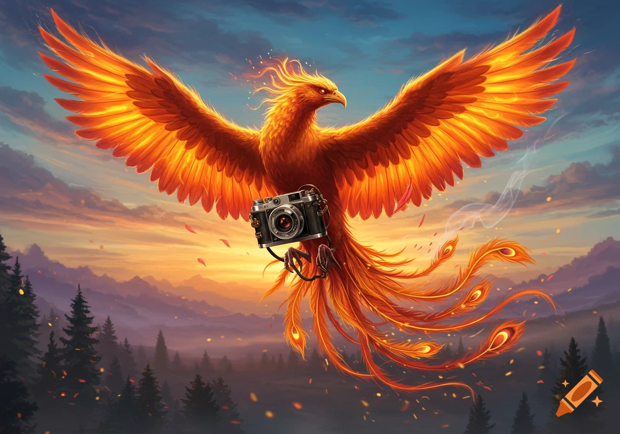 Vibrant fiery phoenix holding a vintage camera, flying over a majestic mountain and forest landscape at sunset.