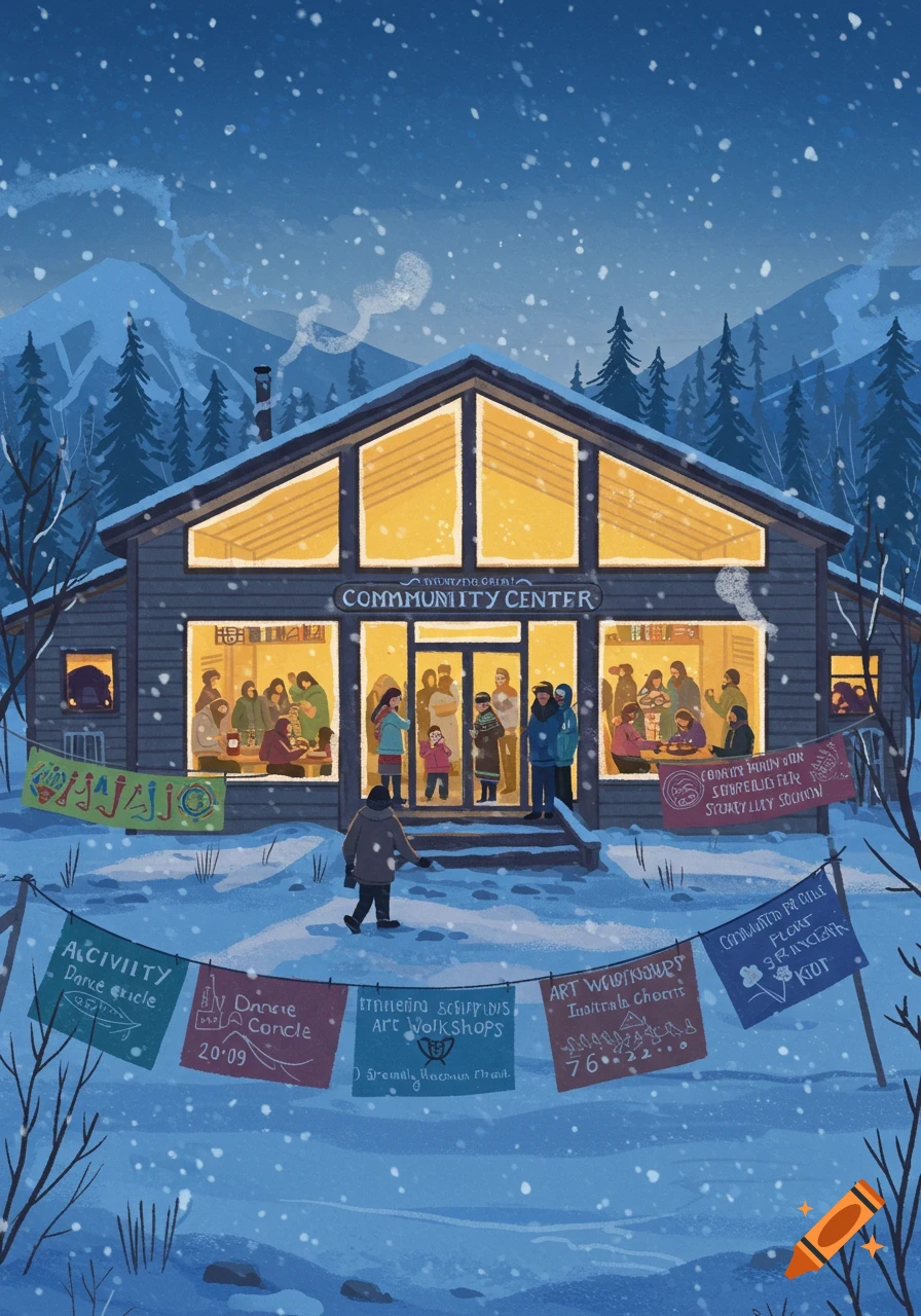 An illustration of a snowy community center at dusk, warmly lit, with people gathered inside and banners outside. Snow falls around a person walking towards the entrance.