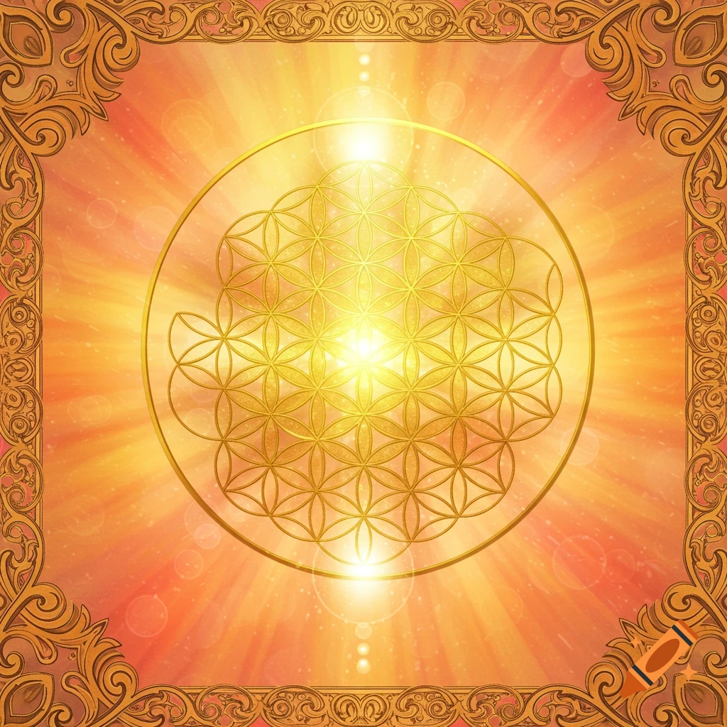 A golden Flower of Life symbol radiating light on a warm, bright background with an ornate decorative border.